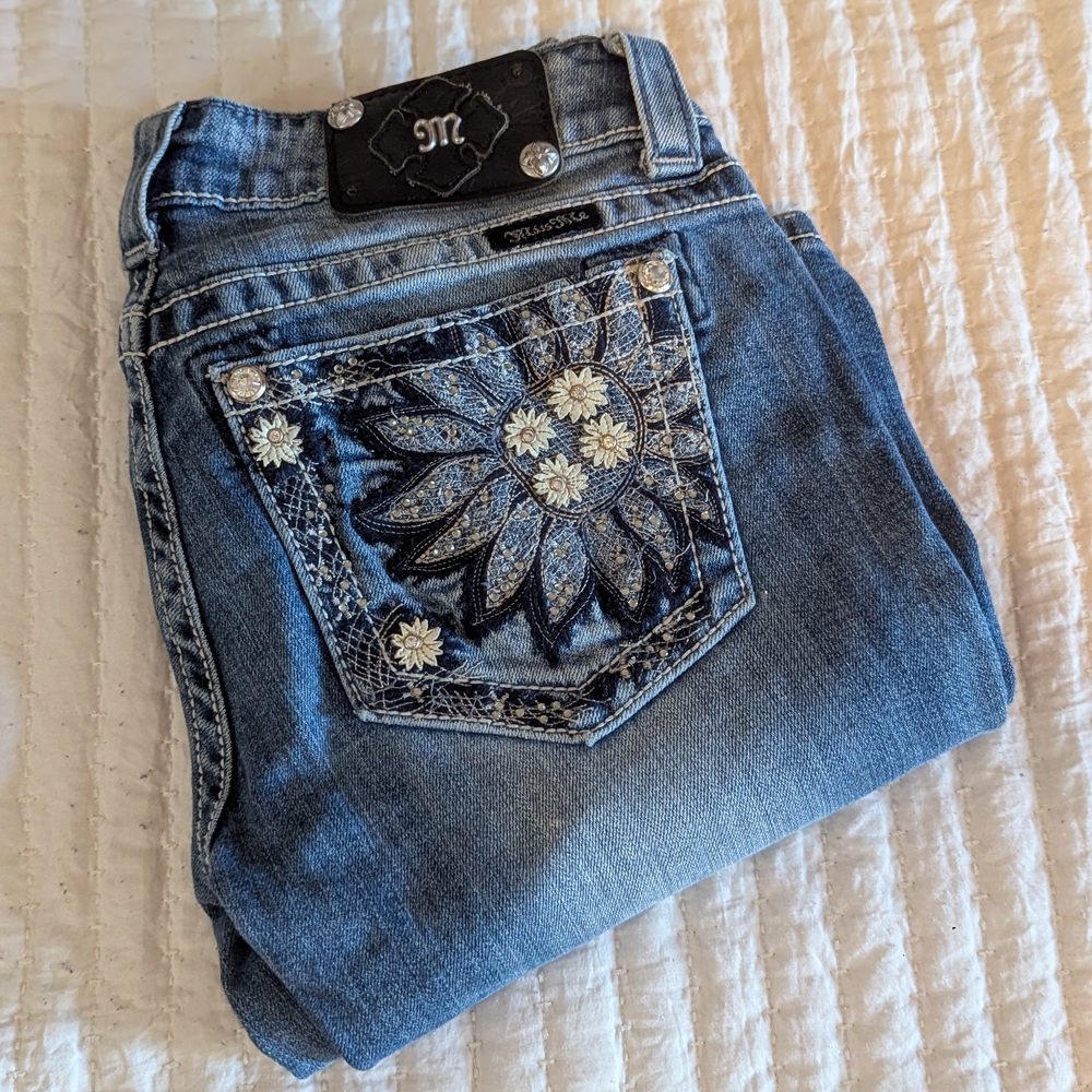 Miss Me Blue Embellished Jeans with Rhinestone Design
